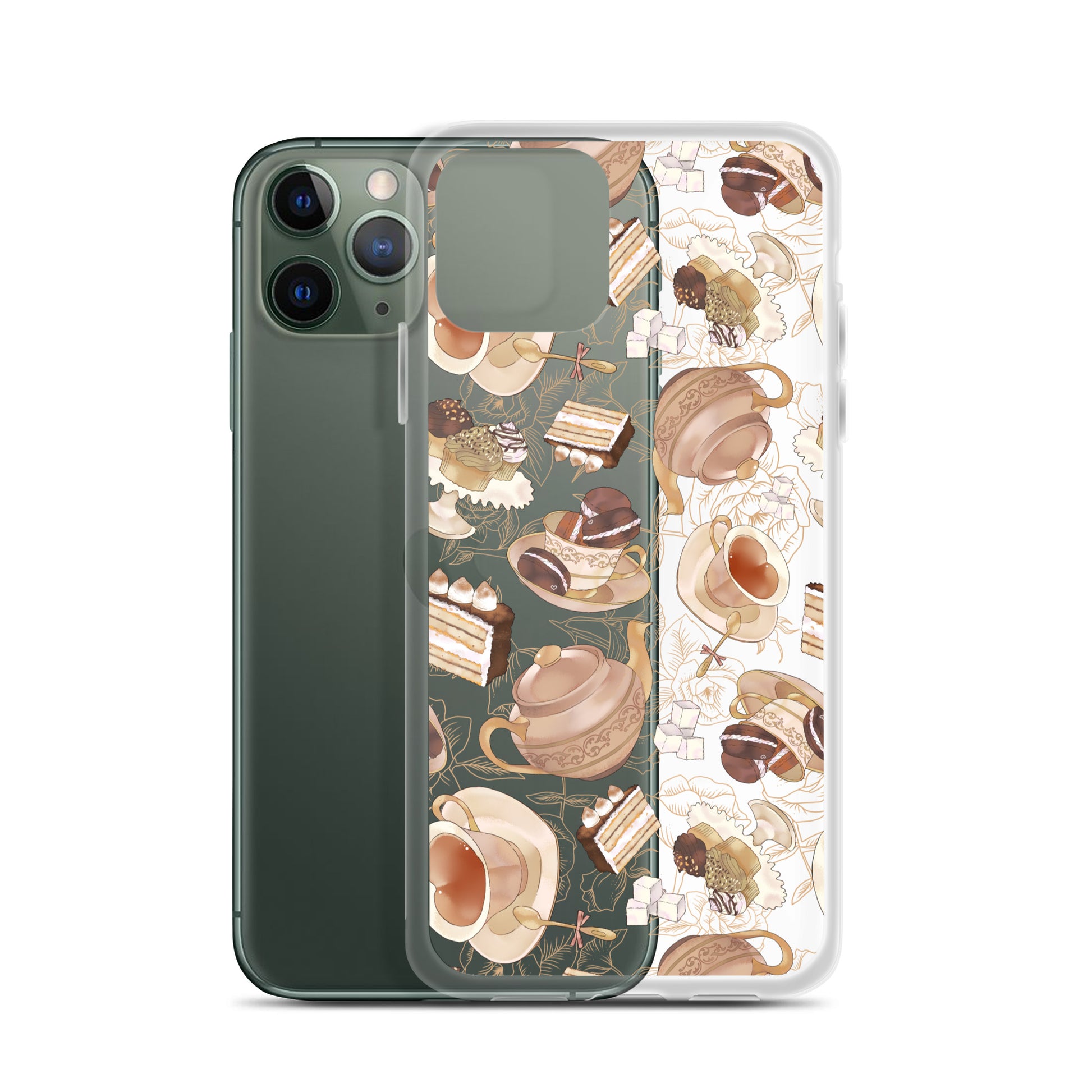 Café iPhone® Clear Case features a stylish design with coffee and dessert motifs, perfect for any aesthetic.