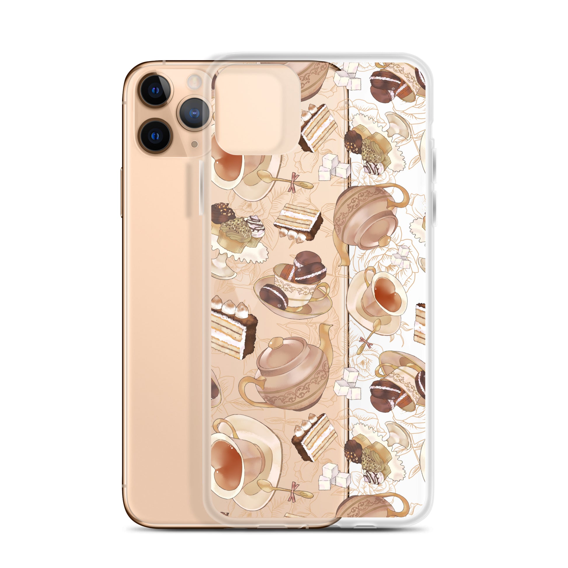 Stylish Café iPhone® Clear Case featuring delightful coffee-themed designs, perfect for any outfit and great protection.