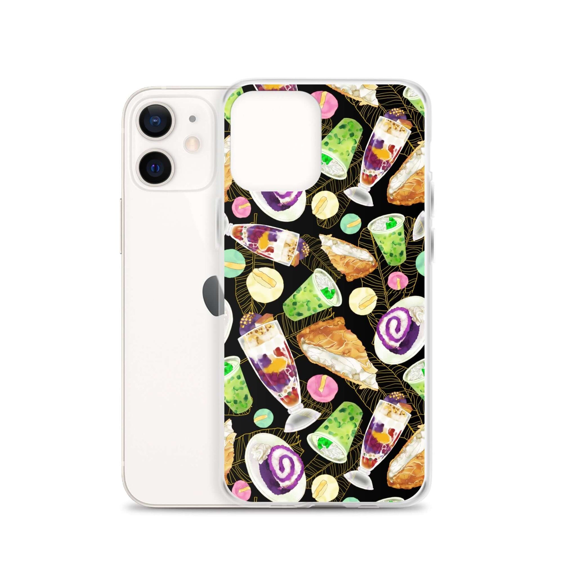 Colorful Filipino Dessert iPhone® Clear Case featuring ube rolls and halo-halo, perfect for sweet enthusiasts!
