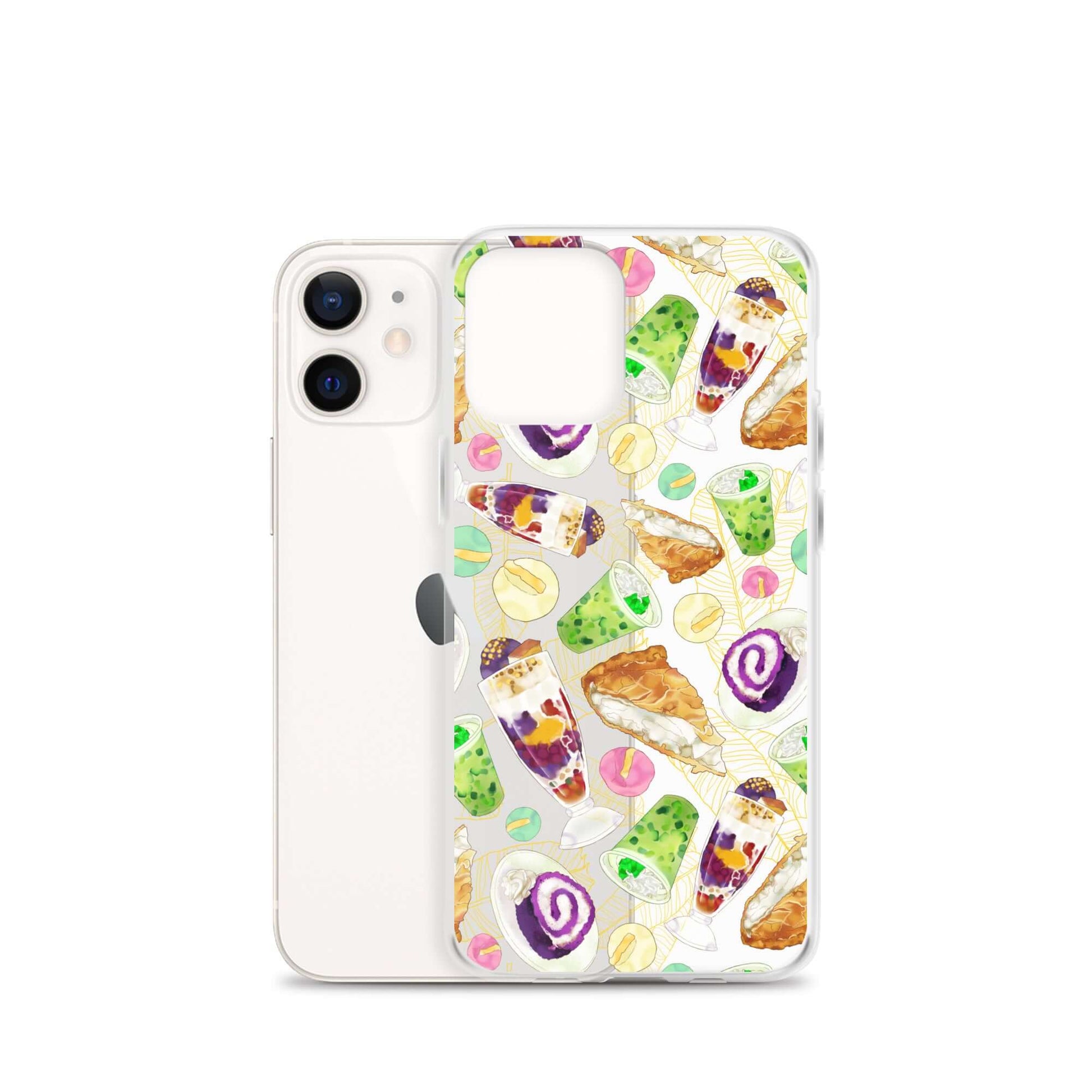Colorful Filipino Dessert iPhone® Clear Case featuring ube rolls and halo-halo, perfect for sweet tooth enthusiasts.