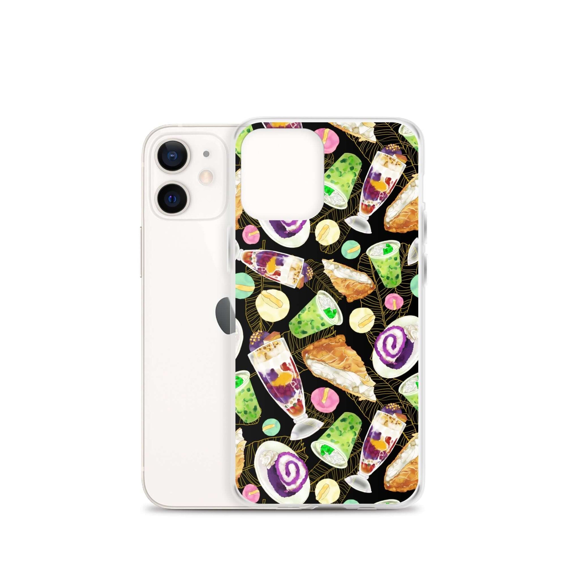 Colorful Filipino Dessert iPhone® Clear Case featuring ube rolls and halo-halo, perfect for sweet treat lovers.