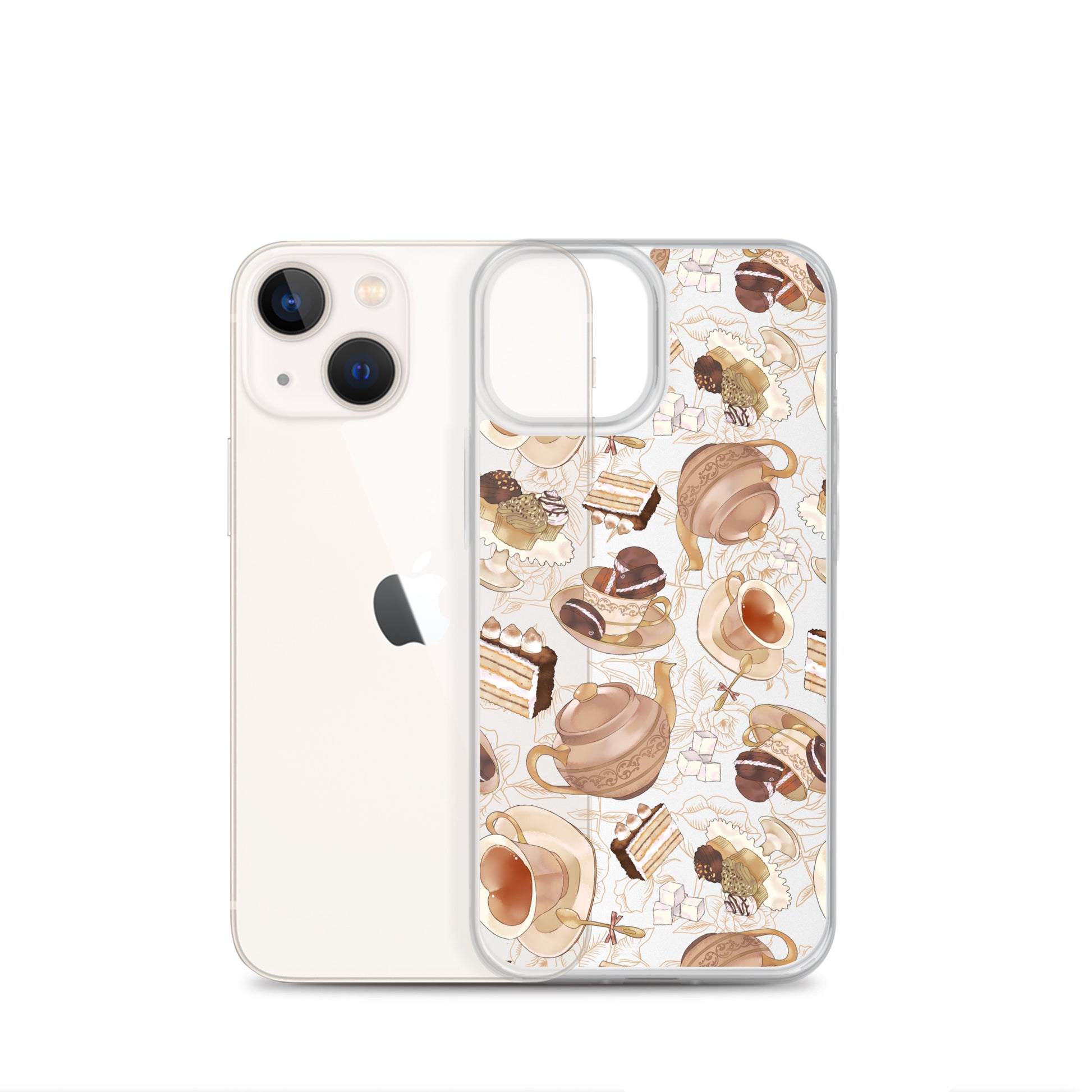 Stylish Café iPhone® Clear Case featuring a delightful dessert design, perfect for any outfit and phone protection.