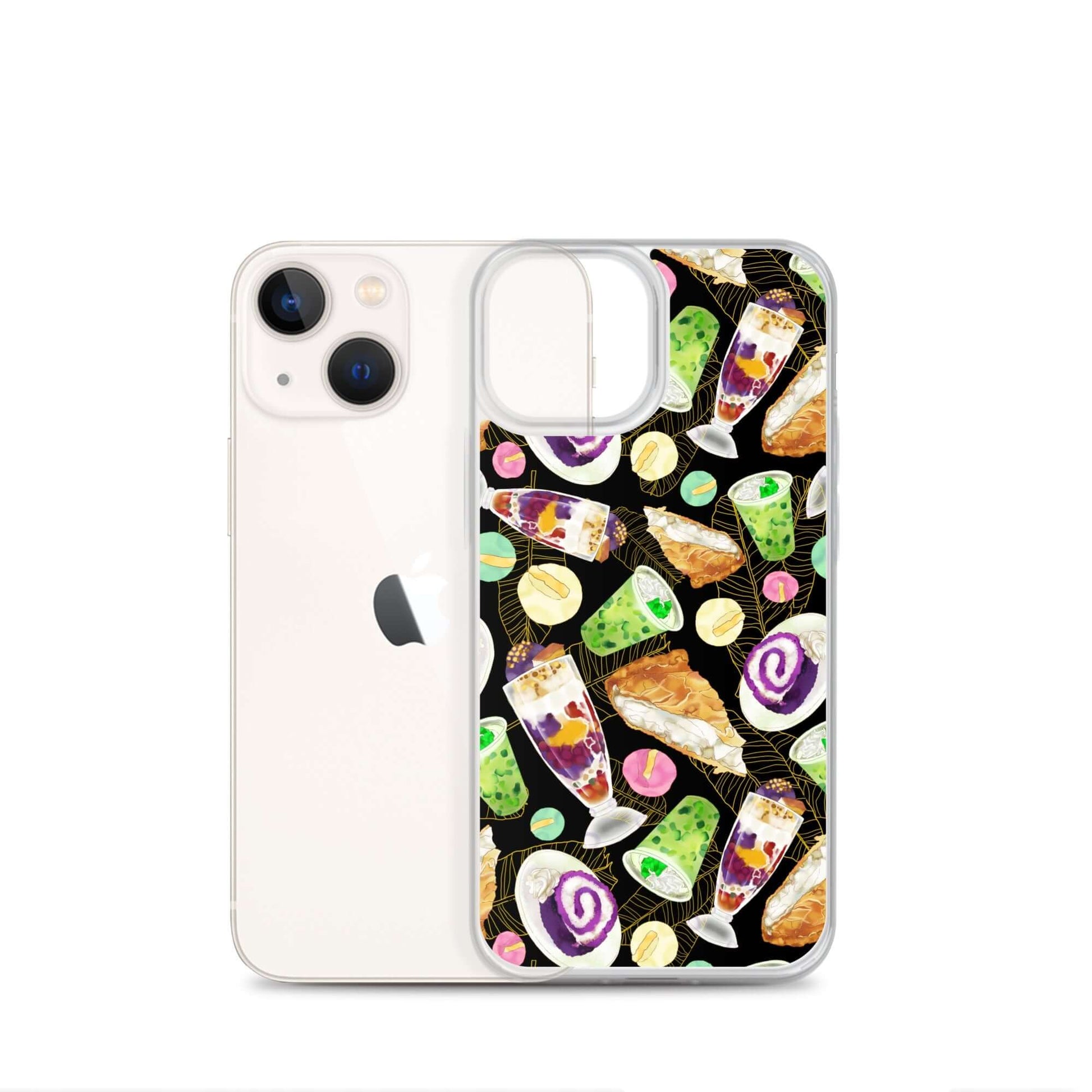 Colorful Filipino Dessert iPhone® Clear Case featuring ube rolls and halo-halo, perfect for sweet tooth lovers.