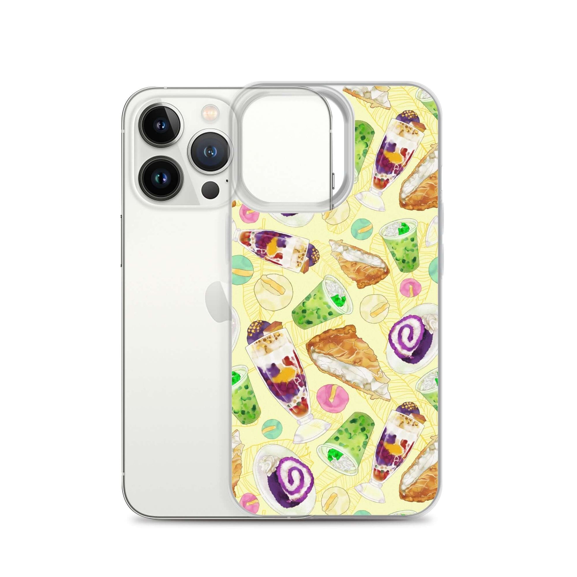 Colorful Filipino Dessert iPhone® Clear Case featuring ube rolls and halo-halo, perfect for sweet treat lovers.