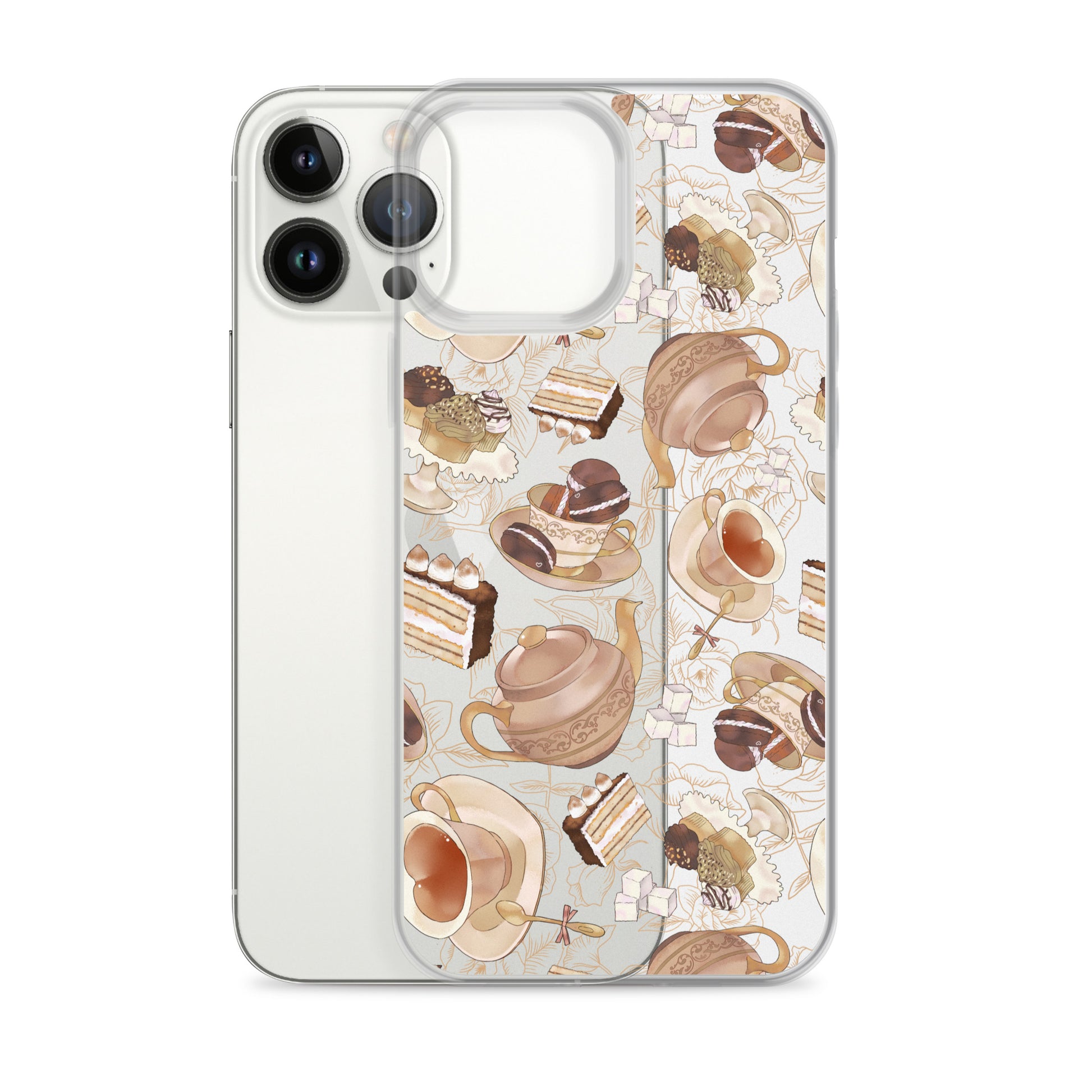 Café iPhone® Clear Case featuring a delightful design with teacups and treats, perfect for any style.