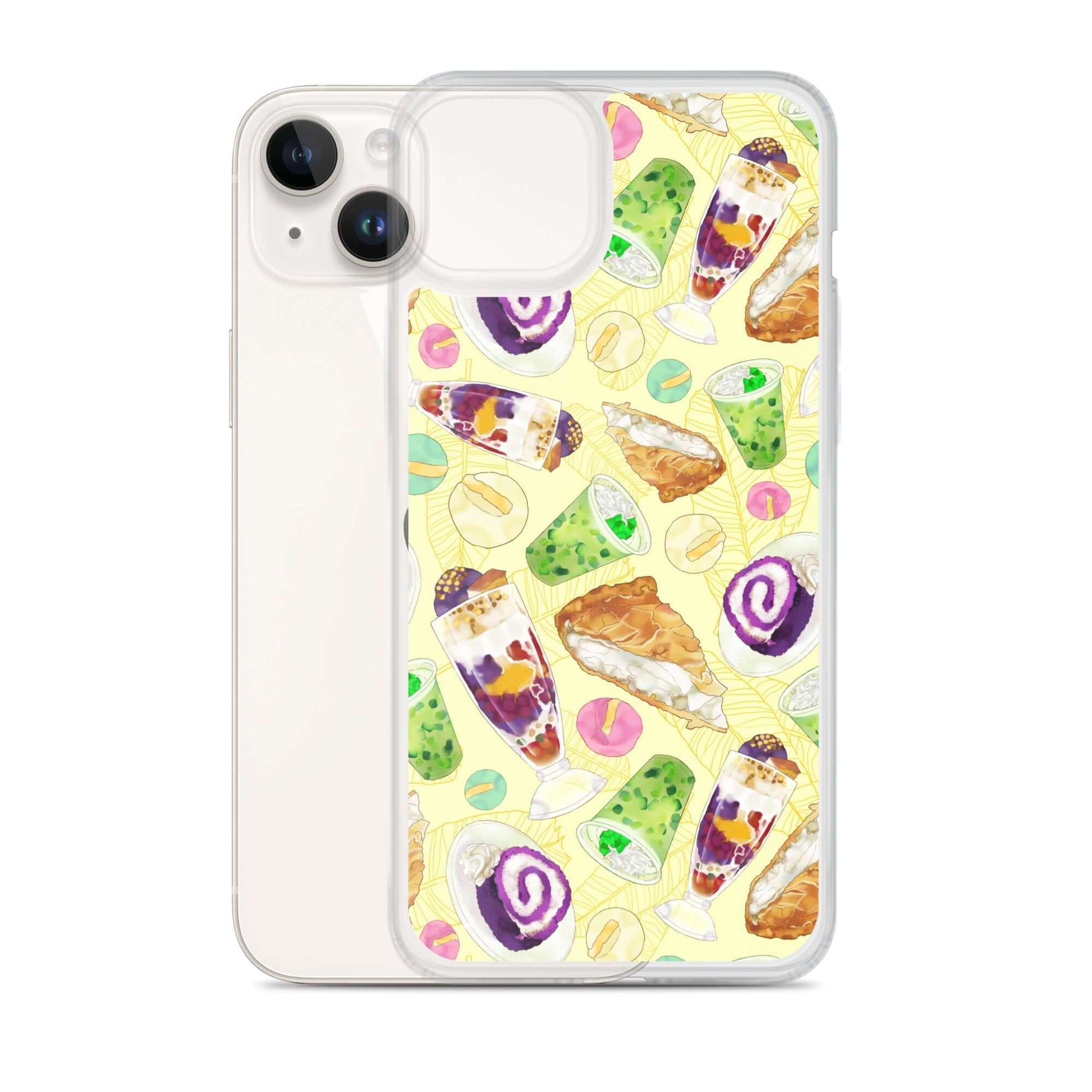 Stylish Filipino Dessert iPhone® Clear Case featuring ube rolls and halo-halo, perfect for sweet treat lovers!