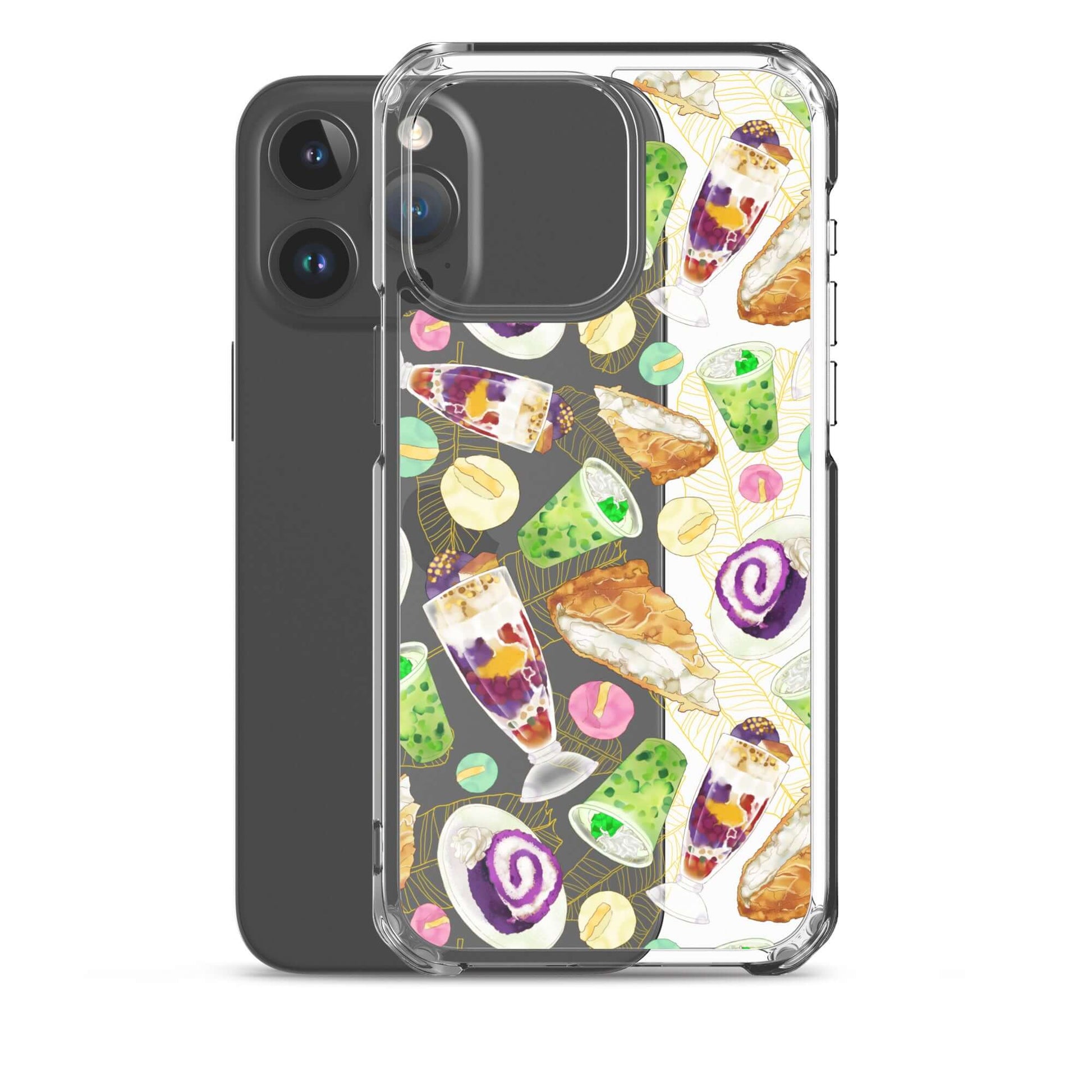 Colorful Filipino Dessert iPhone® Clear Case featuring ube rolls and halo-halo, perfect for sweet tooth enthusiasts.