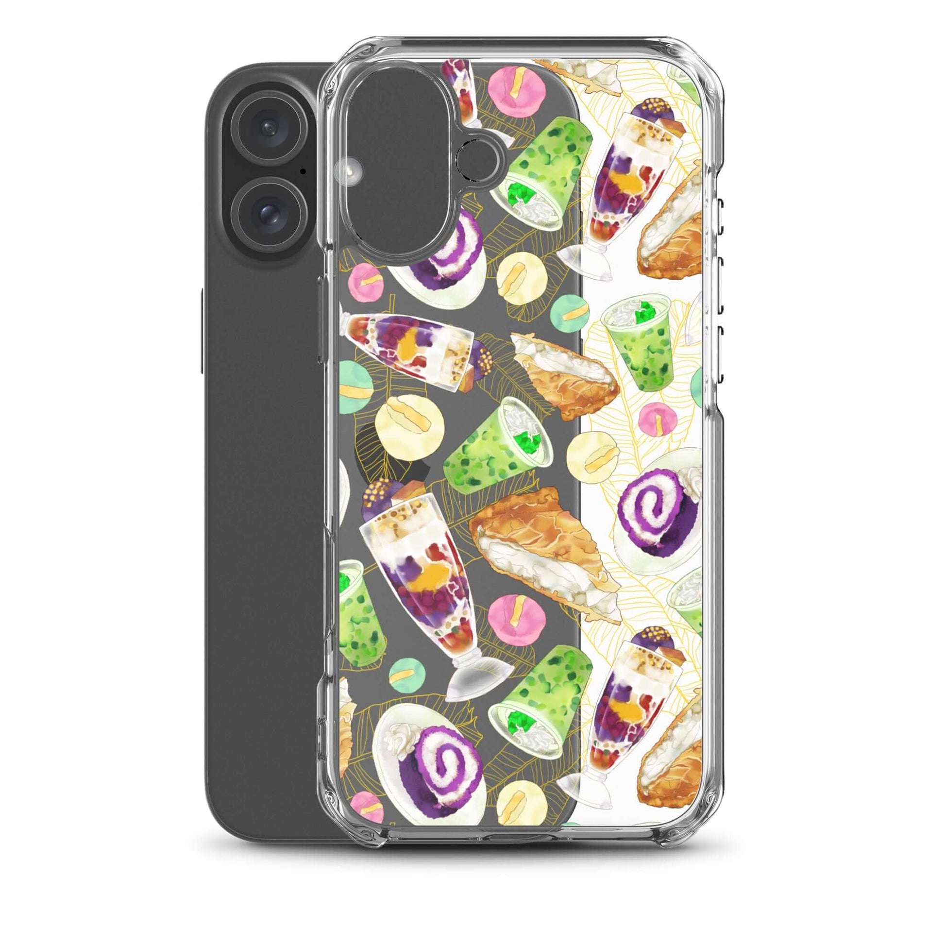 Colorful Filipino Dessert iPhone® Clear Case features ube rolls, halo-halo, and sweets for a fun, protective design.