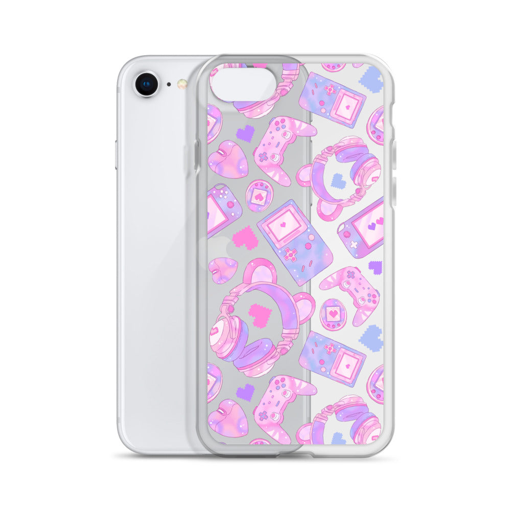 Gamer Girl iPhone® Clear Case featuring cute gaming designs, offering sleek protection against scratches and dirt.