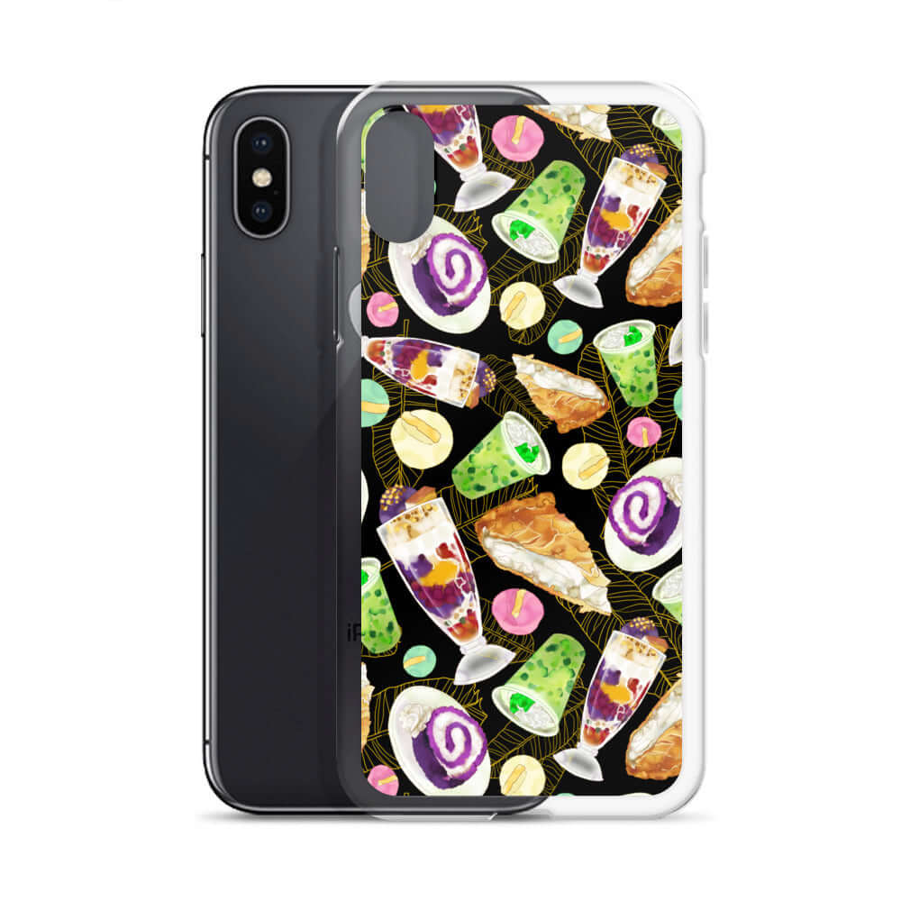 Colorful Filipino Dessert iPhone® Clear Case featuring ube rolls and halo-halo, perfect for sweet treat lovers!