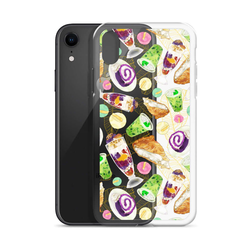 Colorful Filipino Dessert iPhone® Clear Case featuring ube rolls and halo-halo, perfect for sweet tooth lovers!