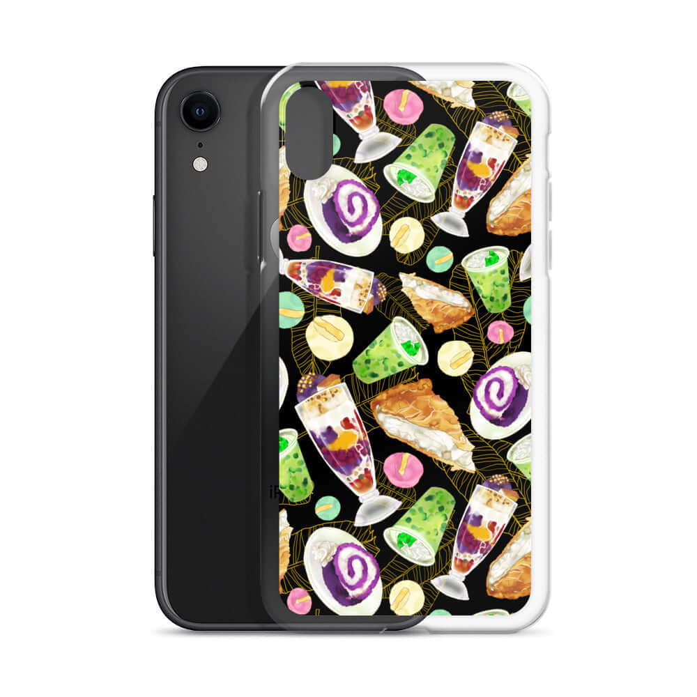 Colorful Filipino Dessert iPhone® Clear Case featuring ube rolls and halo-halo, perfect for sweet treat lovers.