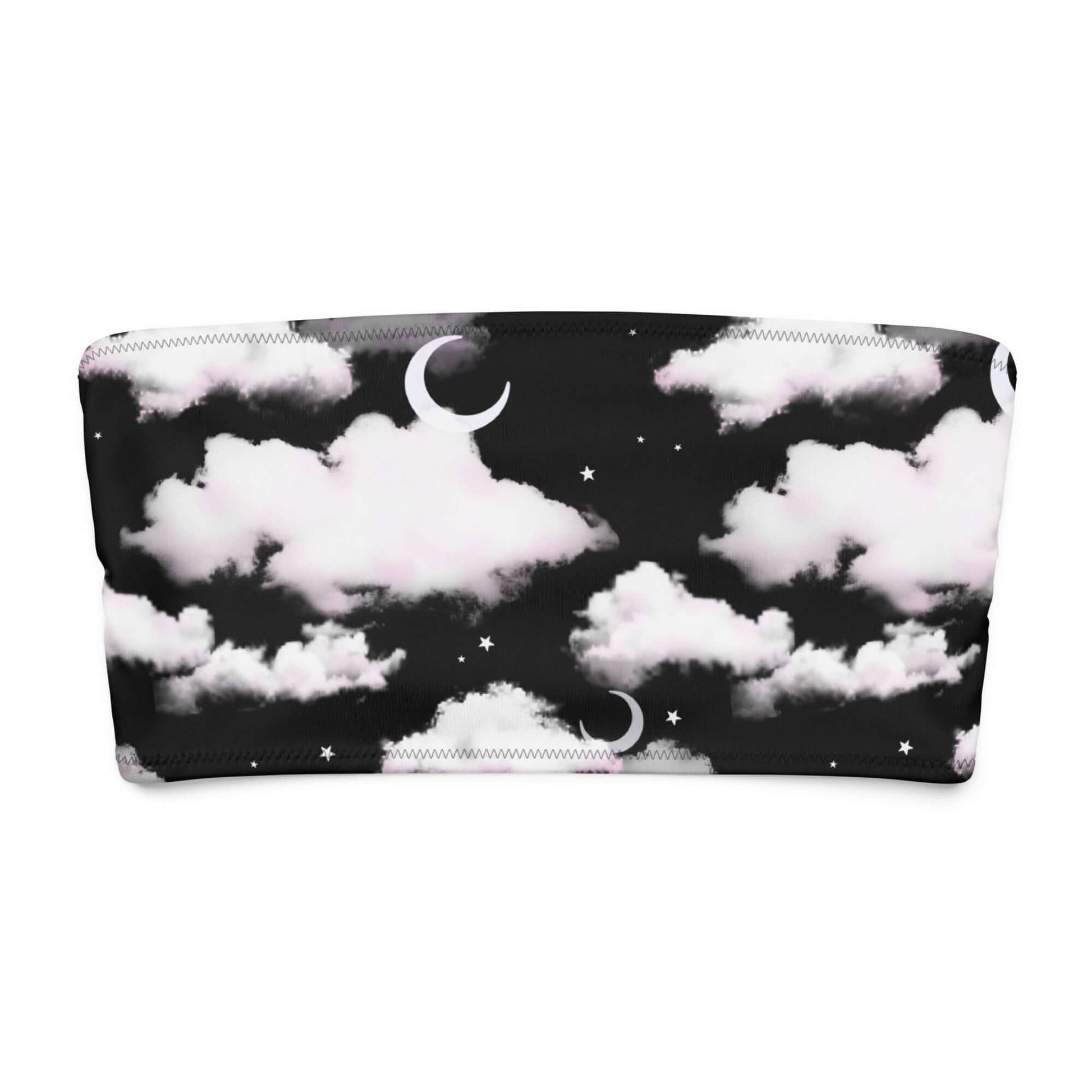 Cloudy Sky Bandeau Bikini Top with soft black fabric featuring clouds and crescent moons, perfect for lounging or tanning.