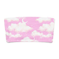 Cloudy sky bandeau bikini top in pink with fluffy clouds and crescent moons, perfect for lounging or tanning.
