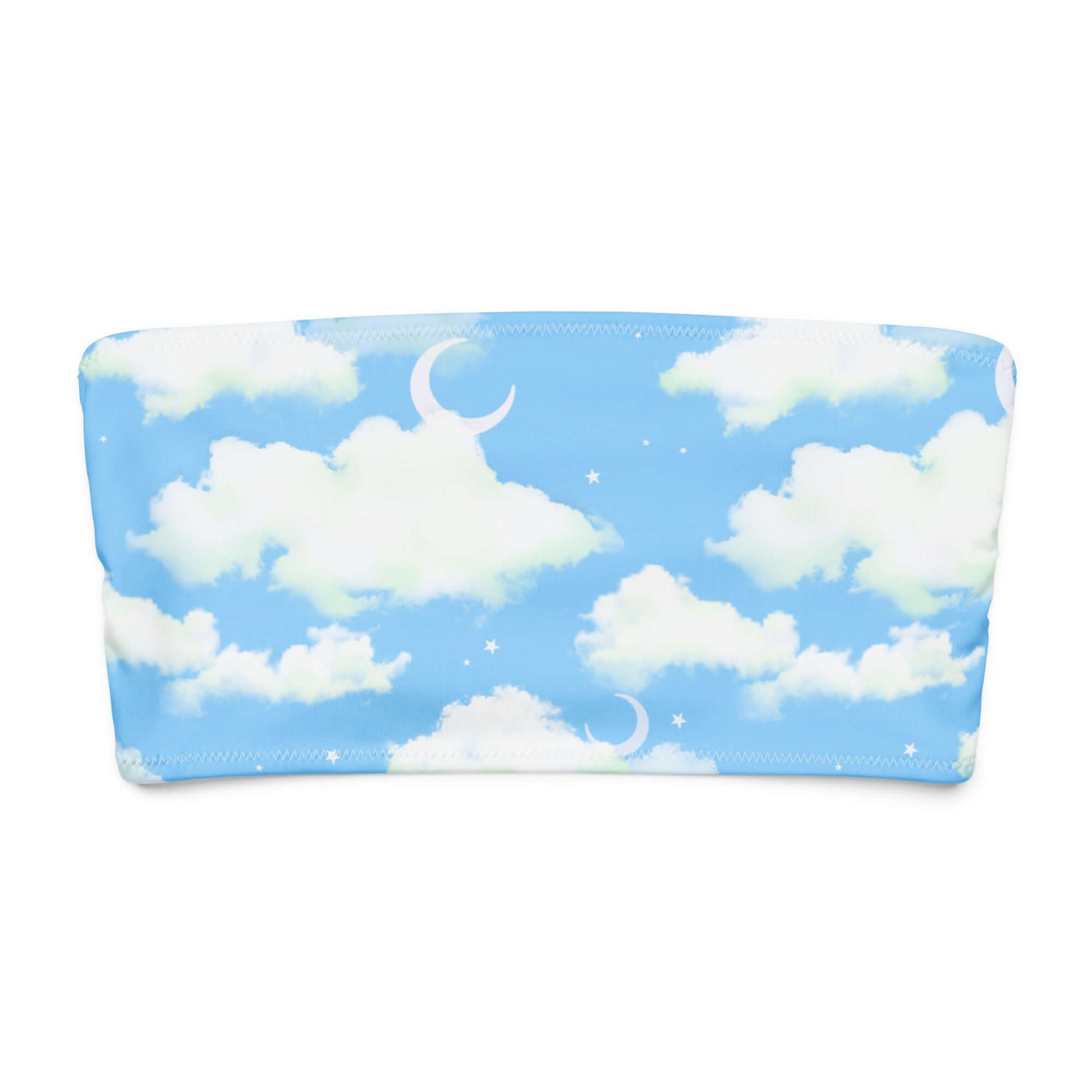 Cloudy Sky bandeau bikini top in light blue with white clouds and crescent moons, perfect for stylish summer lounging.