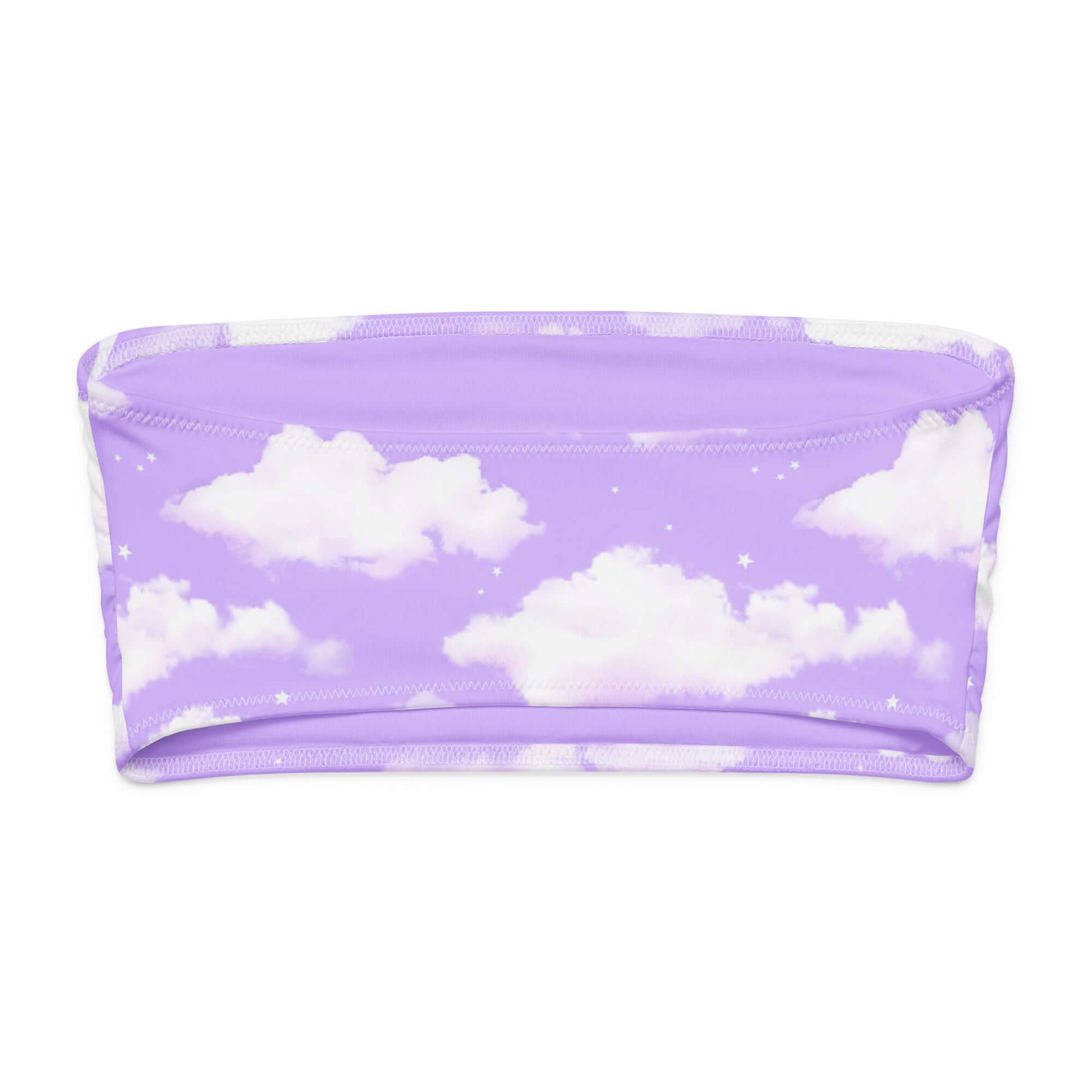 Cloudy Sky bandeau bikini top in lavender with soft cloud print, perfect for tanning and lounging.