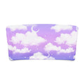 Cloudy Sky bandeau bikini top featuring soft, dreamy purple clouds and crescent moons against a starry backdrop.