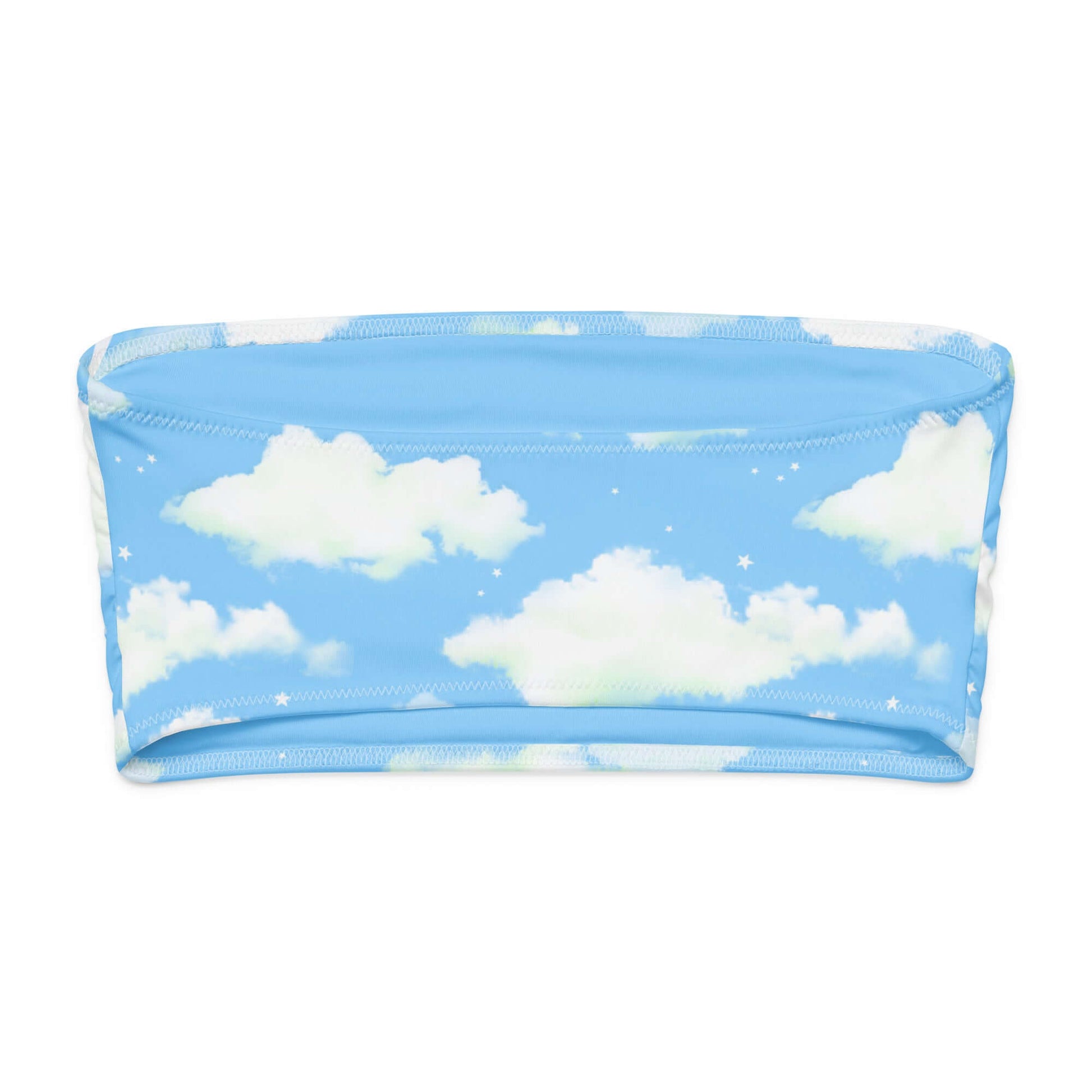 Cloudy Sky Bandeau Bikini Top featuring a soft, strapless design with a blue sky and white clouds pattern.