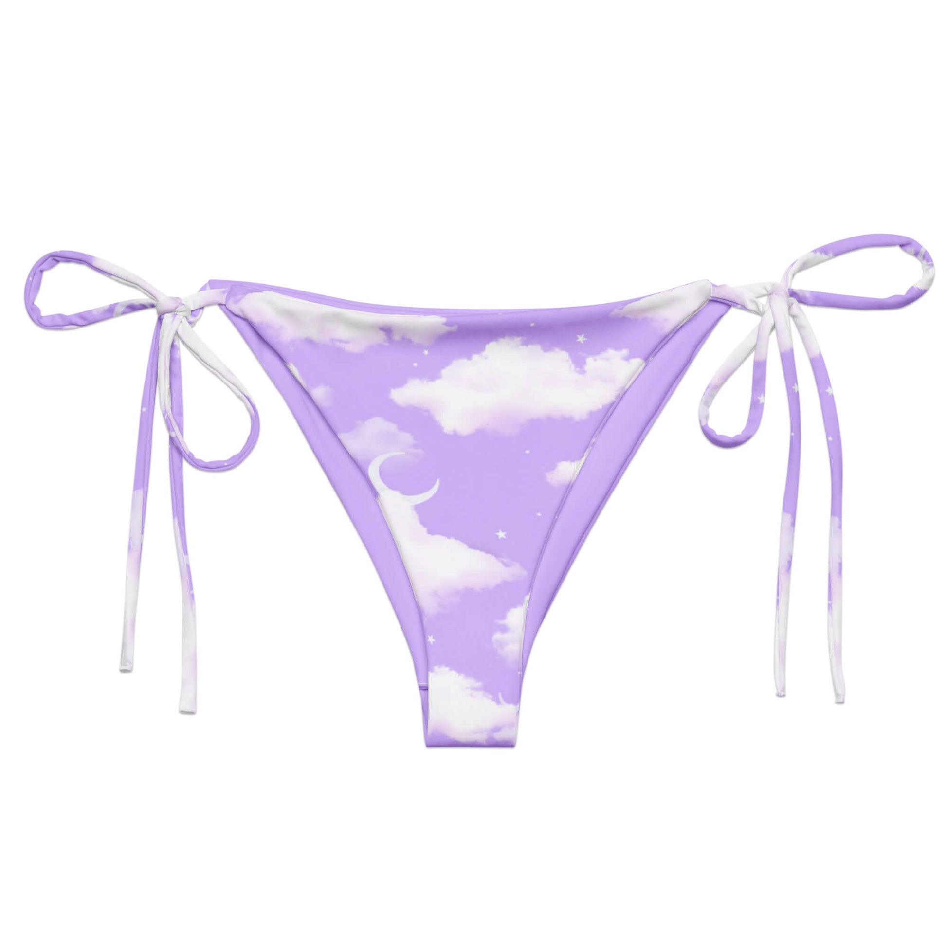 Cloudy Sky String Bikini Bottom features a dreamy cloud print, perfect for lounging by the pool this summer.