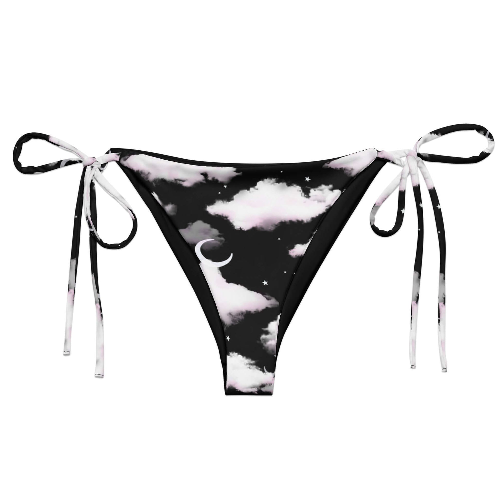 Cloudy Sky String Bikini Bottom features a stylish cloud print, perfect for sunbathing by the pool this summer.