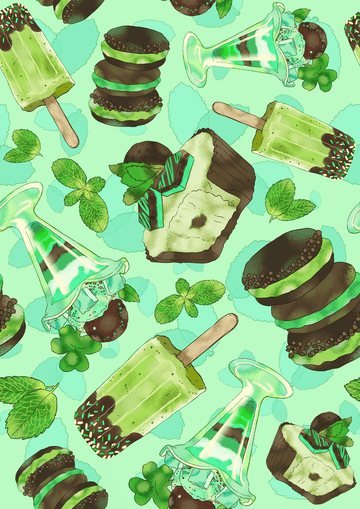Colorful mint dessert pattern featuring popsicles, ice cream, and cookies on a mint green background.