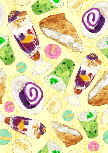 Colorful watercolor pattern featuring desserts like halo-halo, donuts, and rolls on a cheerful yellow background.