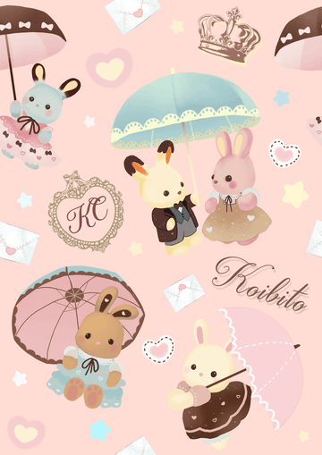 Cute illustrations of bunnies with umbrellas and crowns on a pastel pink background, perfect for a whimsical design.