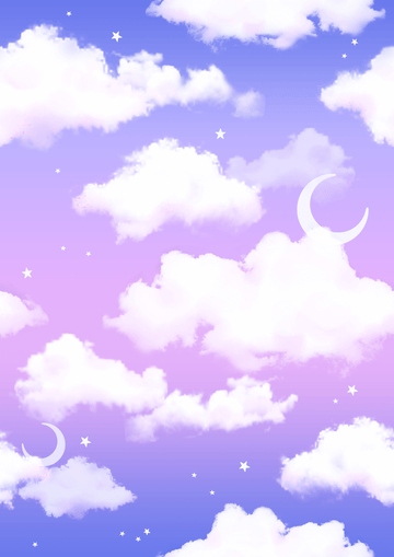 Dreamy pastel clouds and crescent moons against a soft purple sky, creating a whimsical night-time scene.