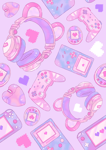 Colorful pastel gaming pattern featuring headphones, controllers, and retro consoles on a lilac background.