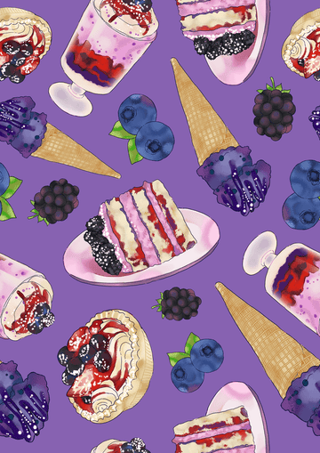 Colorful pattern of desserts with cakes, ice cream cones, and berries on a purple background.