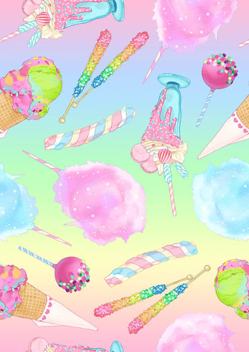 Colorful illustration of ice cream, cotton candy, and sweets on a pastel background, perfect for summer vibes.
