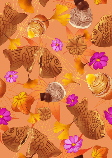 Colorful autumn pattern with fish-shaped pastries, flowers, and leaves on an orange background.
