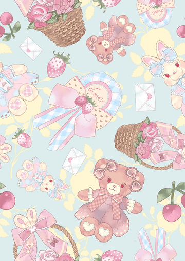 Cute pastel pattern featuring teddy bears, flowers, envelopes, and ribbons, perfect for sweet designs.