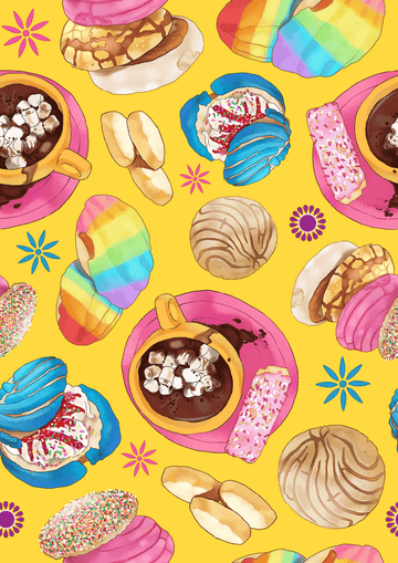 Colorful pattern of cookies, donuts, and hot chocolate with marshmallows against a bright yellow background.