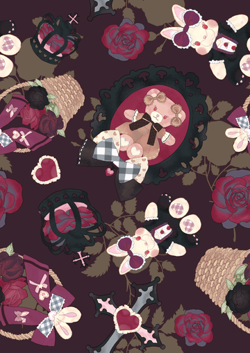 Playful collage of cute bunnies, roses, and gothic elements on a deep burgundy background.