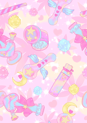 Colorful pastel pattern with magical potions, stars, and hearts on a pink background.