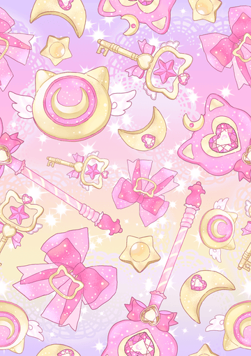 Colorful magical girl pattern featuring stars, wands, bows, and moons in pastel pink and yellow hues.