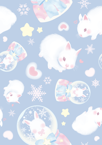 Cute pastel pattern featuring bunnies, snow globes, hearts, and stars on a soft blue background.
