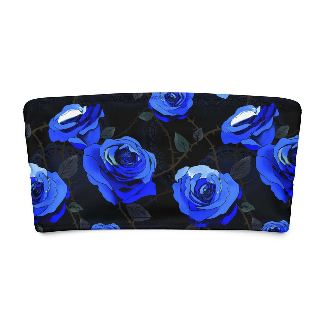 Enchanted Rose bandeau bikini top featuring vibrant blue rose pattern on a black background.