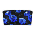 Enchanted Rose bandeau bikini top featuring vibrant blue rose pattern on a black background.