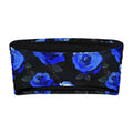 Enchanted Rose bandeau bikini top featuring vibrant blue roses on a stylish black background.