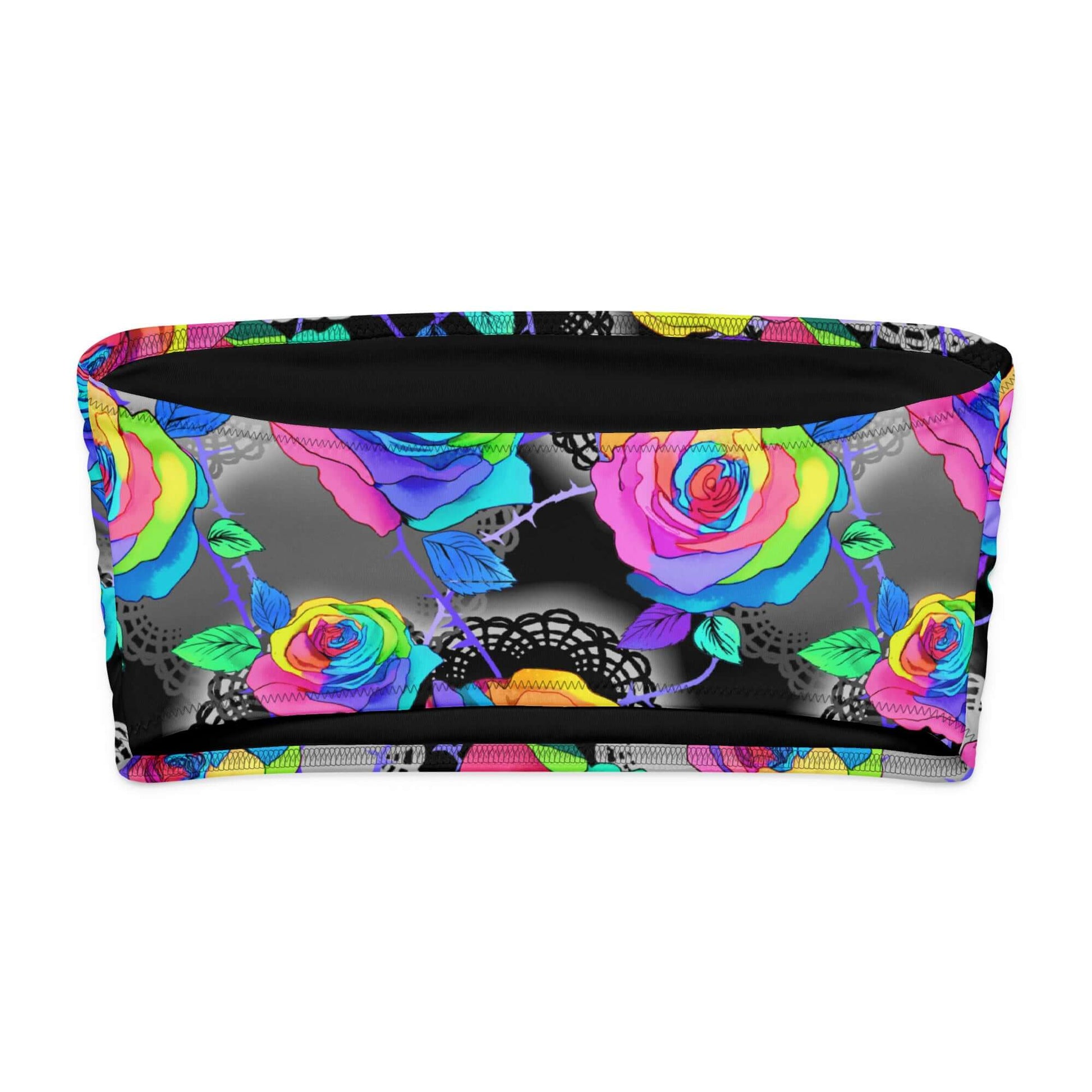 Colorful bandau bikini top featuring vibrant, enchanted rose design on a black background.