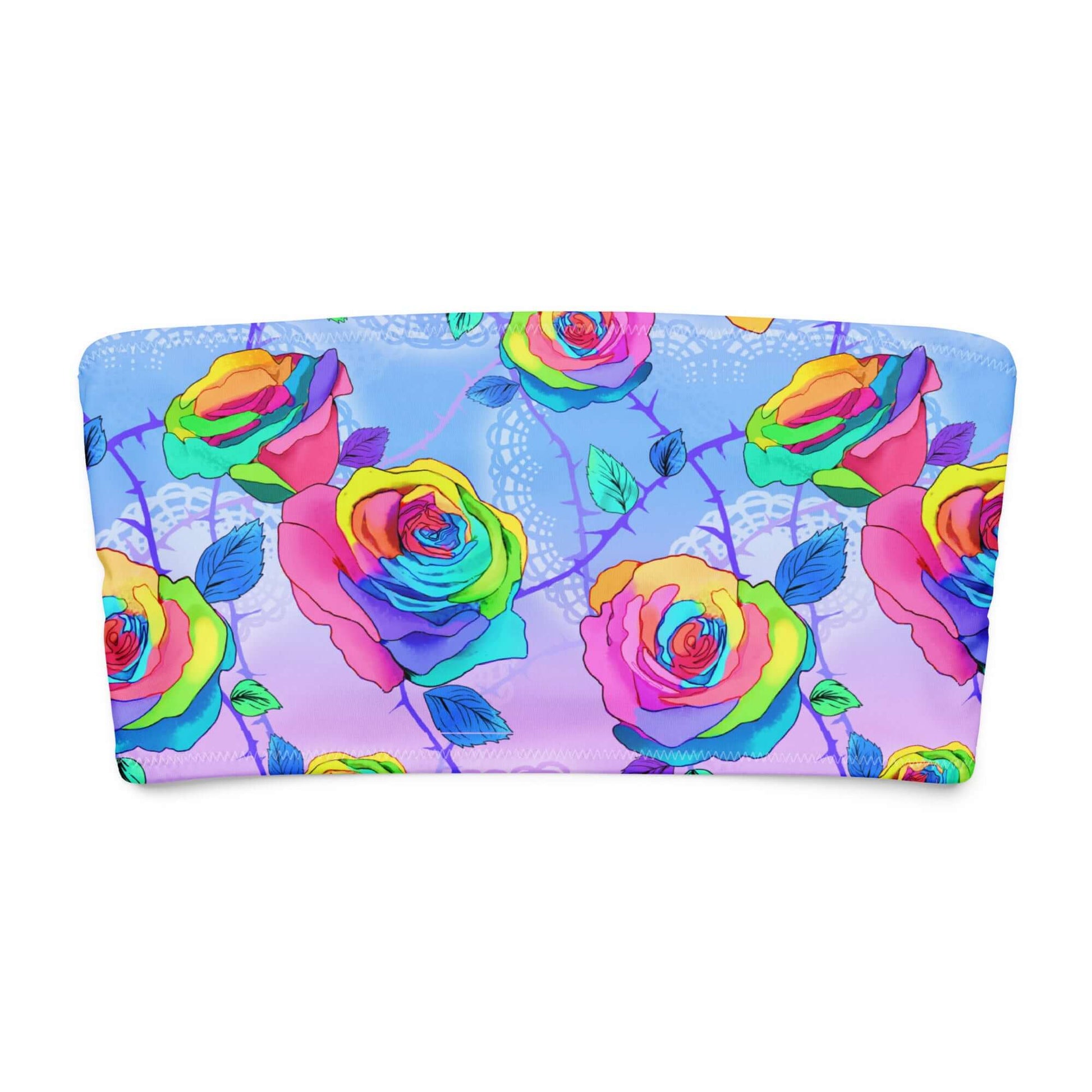 Colorful bandeau bikini top featuring a vibrant rose pattern on a soft blue background.