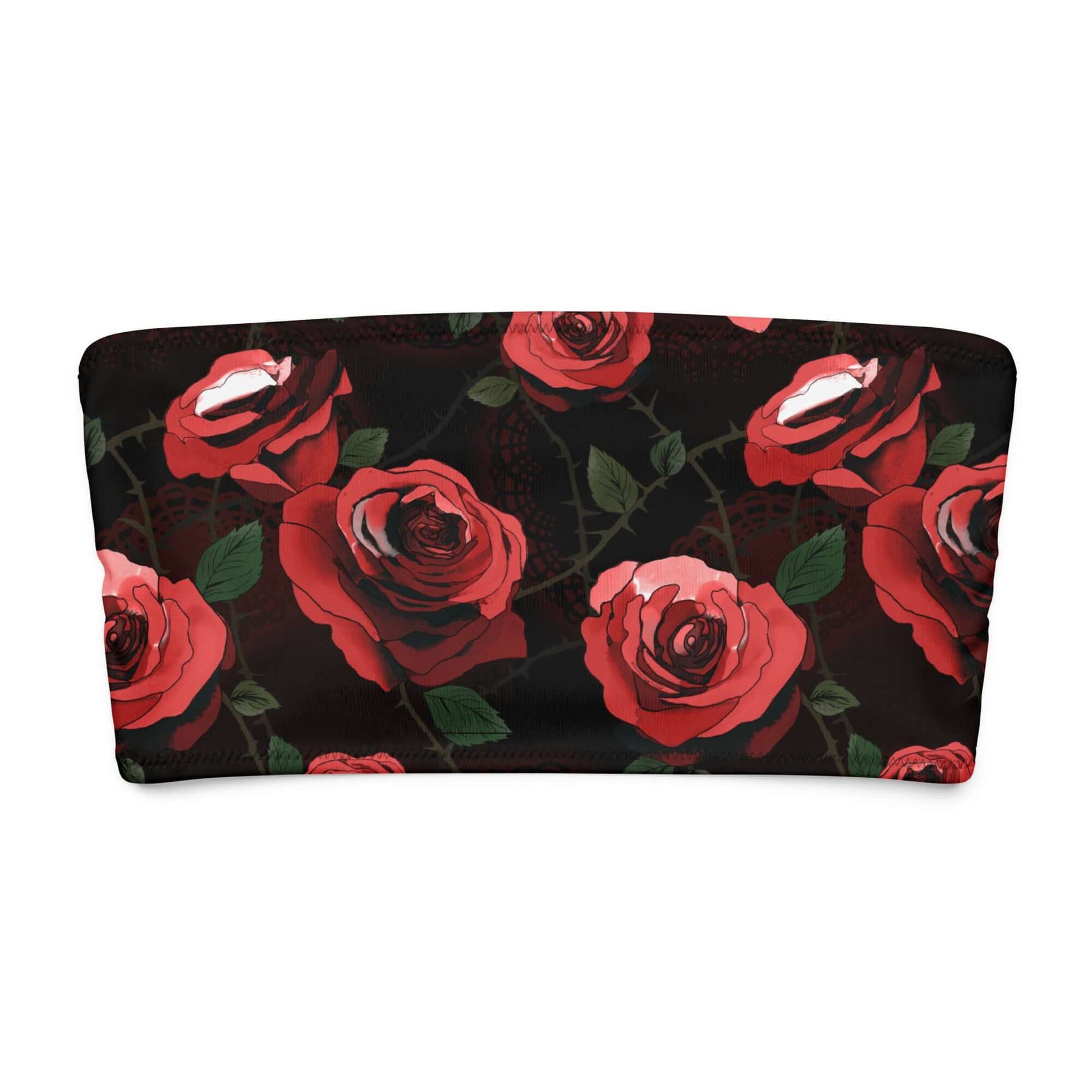 Enchanted Rose Bandeau Bikini Top featuring a vibrant rose pattern on a dark background, perfect for stylish summer lounging.