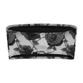Enchanted Rose Bandeau Bikini Top featuring elegant black and gray rose print, perfect for summer tanning and lounging.