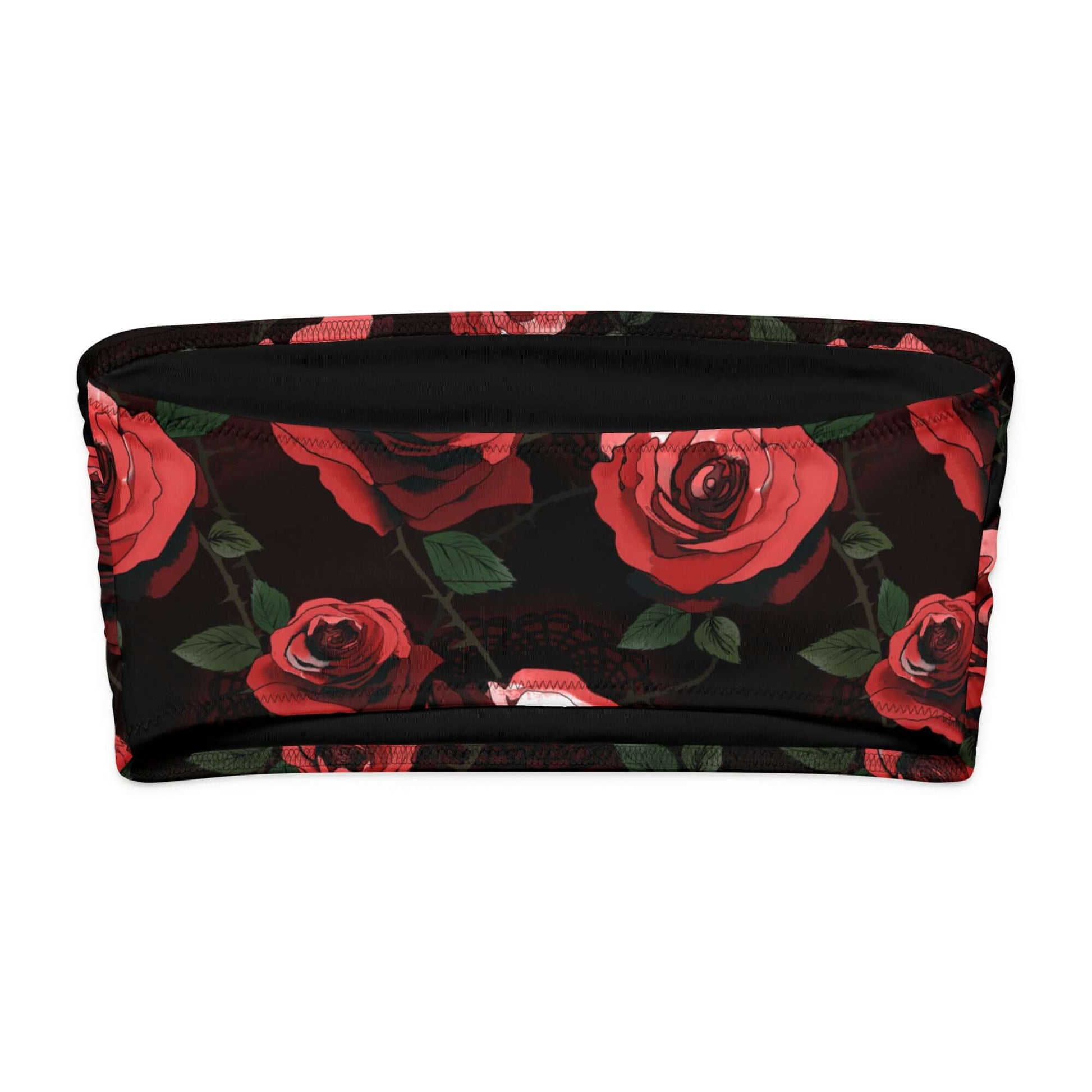 Enchanted Rose Bandeau Bikini Top with vibrant rose pattern on a black background, perfect for stylish summer lounging.