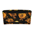 Enchanted Rose Bandeau Bikini Top featuring vibrant orange roses on a black background, perfect for beach lounging.