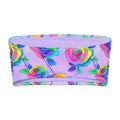 Colorful bandeau bikini top with vibrant roses on a lavender background, perfect for summer lounging.