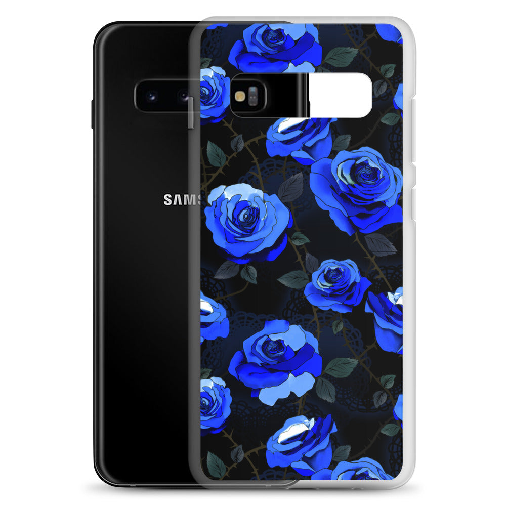 Sleek Enchanted Rose Samsung® Clear Case protects your phone while showcasing beautiful blue roses on a solid background.