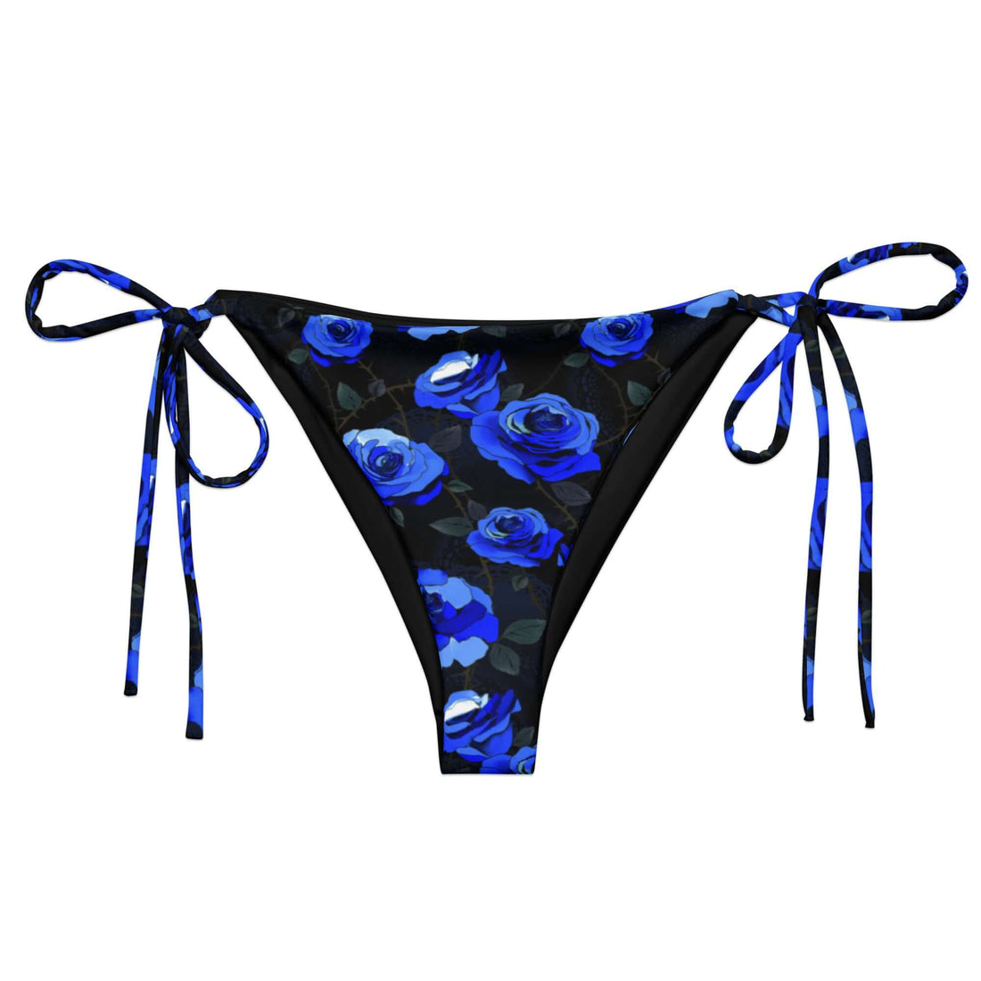 Enchanted Rose String Bikini Bottom features vibrant blue roses, perfect for sunbathing by the pool this summer.